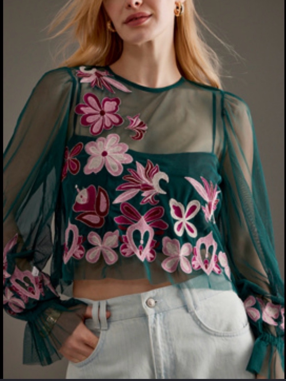 Nwt Anthropologie Teal Mesh Crop Top with Pink Floral Embroidery
